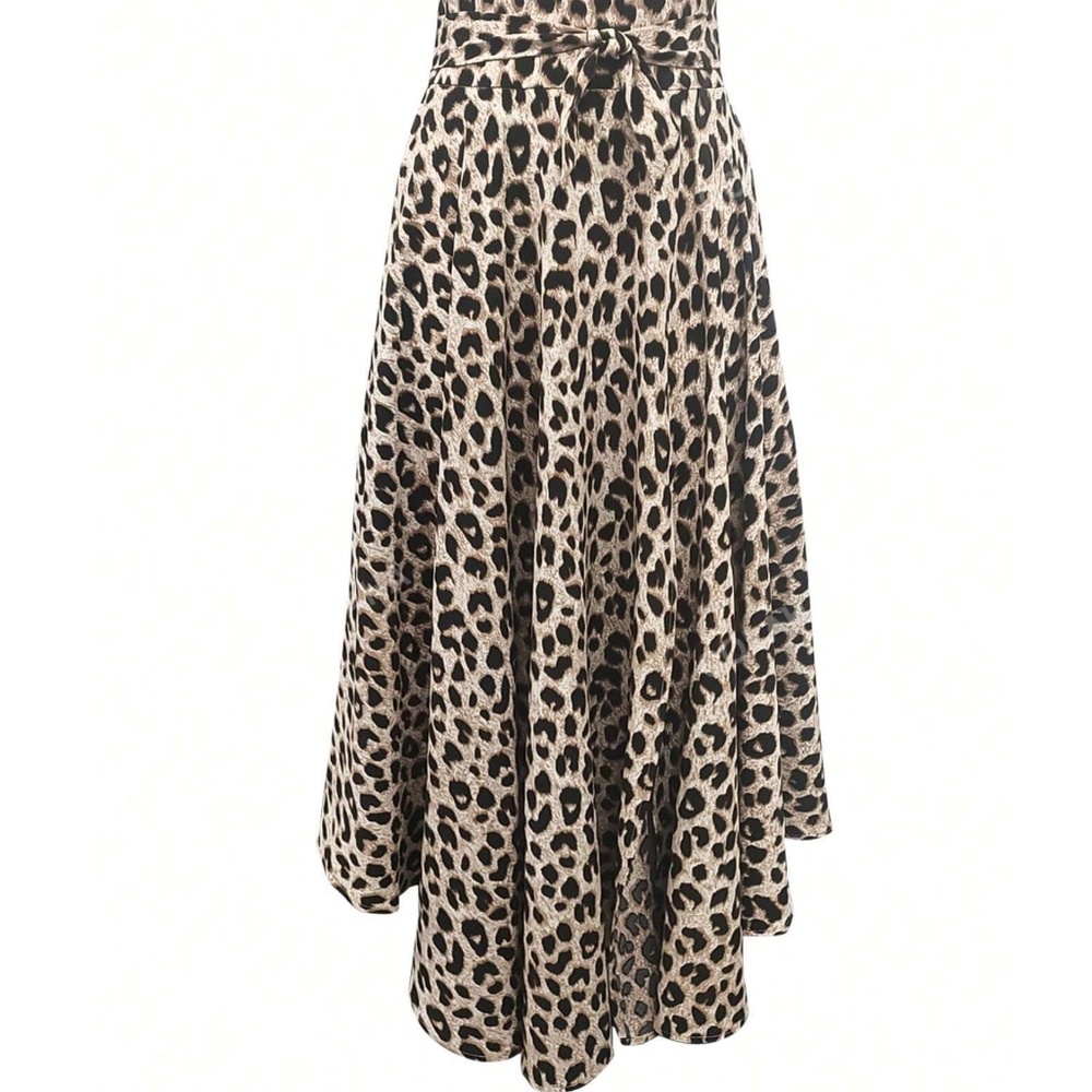 Classic Leopard Print High Waisted Split Thigh Pockets Maxi Skirt - Picture 4 of 5